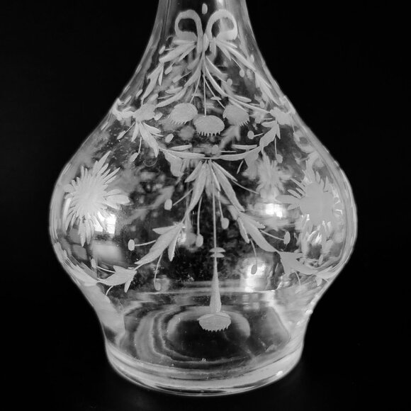 Vintage Etched Glass Decanter Bottle With Floral and Bow Design & Stopper - Picture 2 of 8